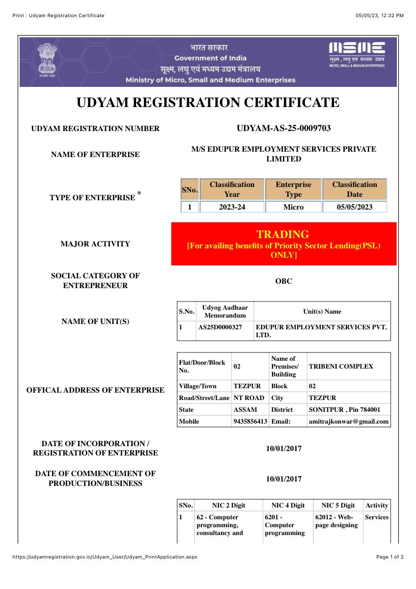 MSME Udyam Registration Certificate - Ministry of Micro, Small and Medium Enterprises, Government of India