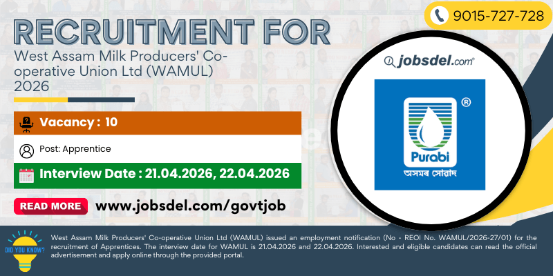 Recruitment For West Assam Milk Producers' Co-operative Union Ltd (WAMUL) 2026