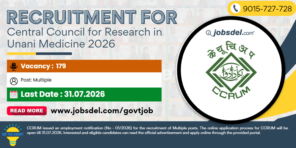 Recruitment for Central Council for Research in Unani Medicine 2026